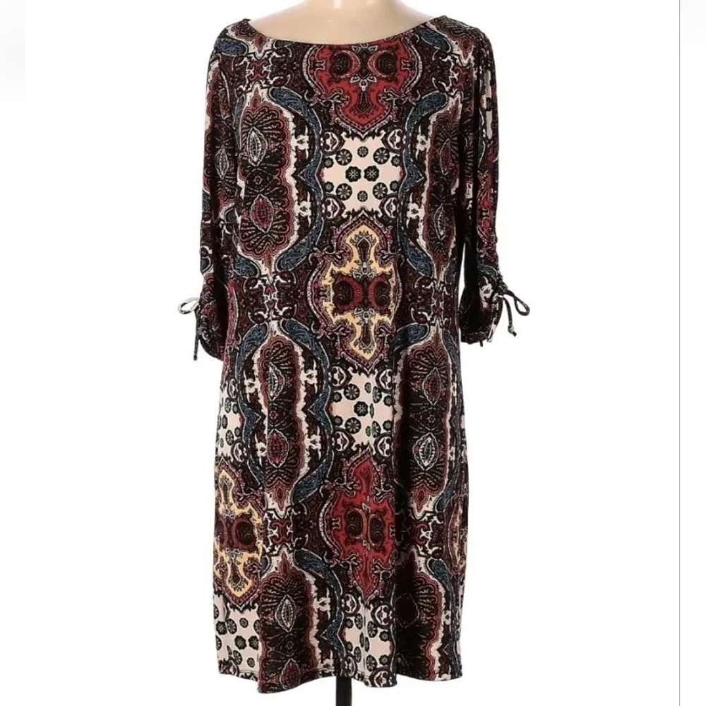Cato Dress Boho Sheath Ruched Sleeve Stretch Scoop Neck Geometric Plus Sz 22/24W